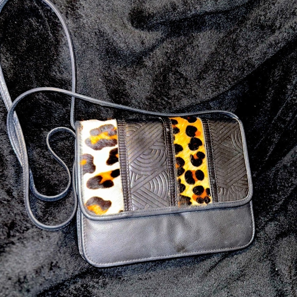 Vtg 80s COLINI Handbags USA Black Leather Calf Hair Leopard Print Shoulder